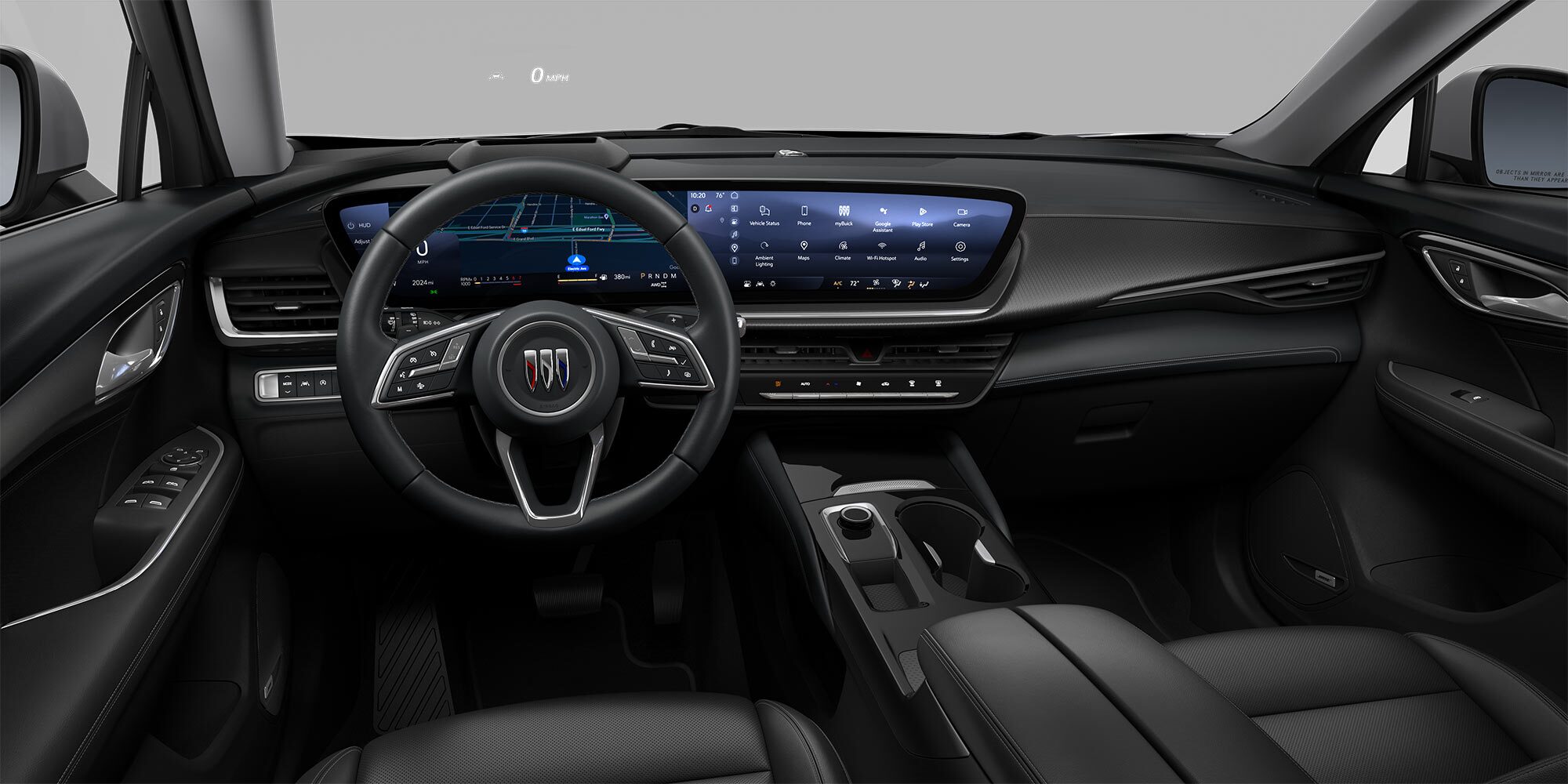 Interior View of the Steering Wheel, Dashboard and Ebony Seats in the 2026 Buick Envision Preferred SUV From the Drivers Seat