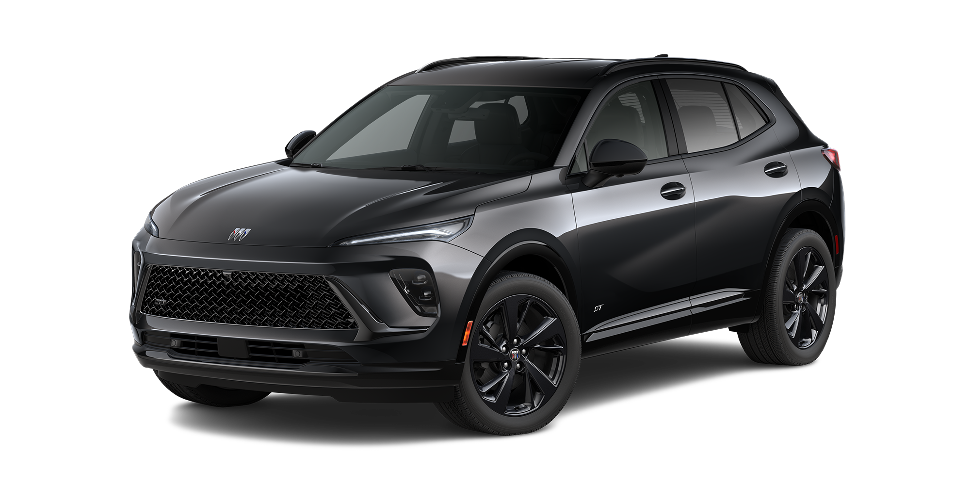 Front Three-Quarters View of the 2026 Buick Envision Sport Touring SUV in the Color Ebony Twilight Metallic