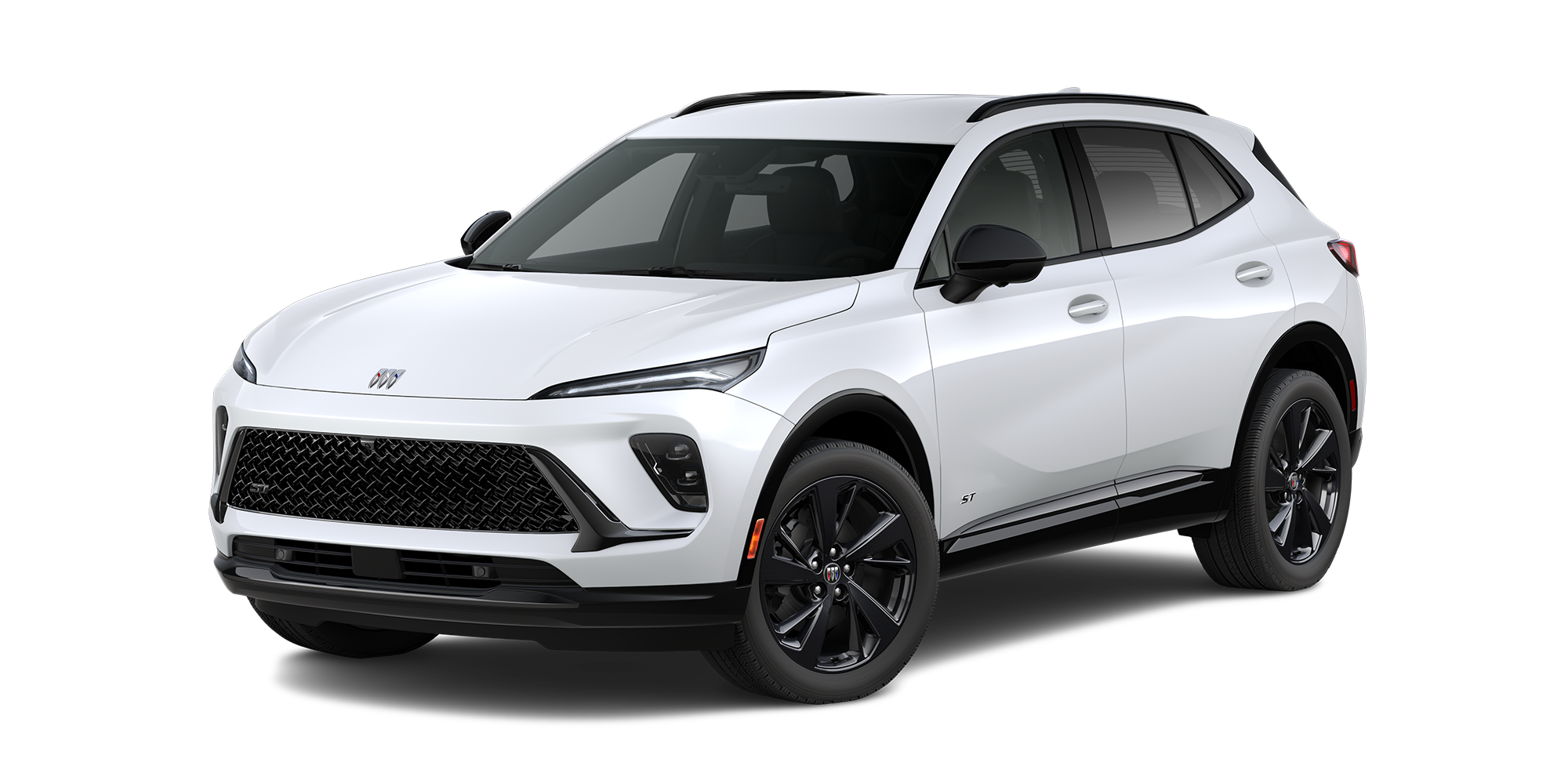 Front Three-Quarters View of the 2026 Buick Envision Sport Touring SUV in the Color Iridescent White Tricoat