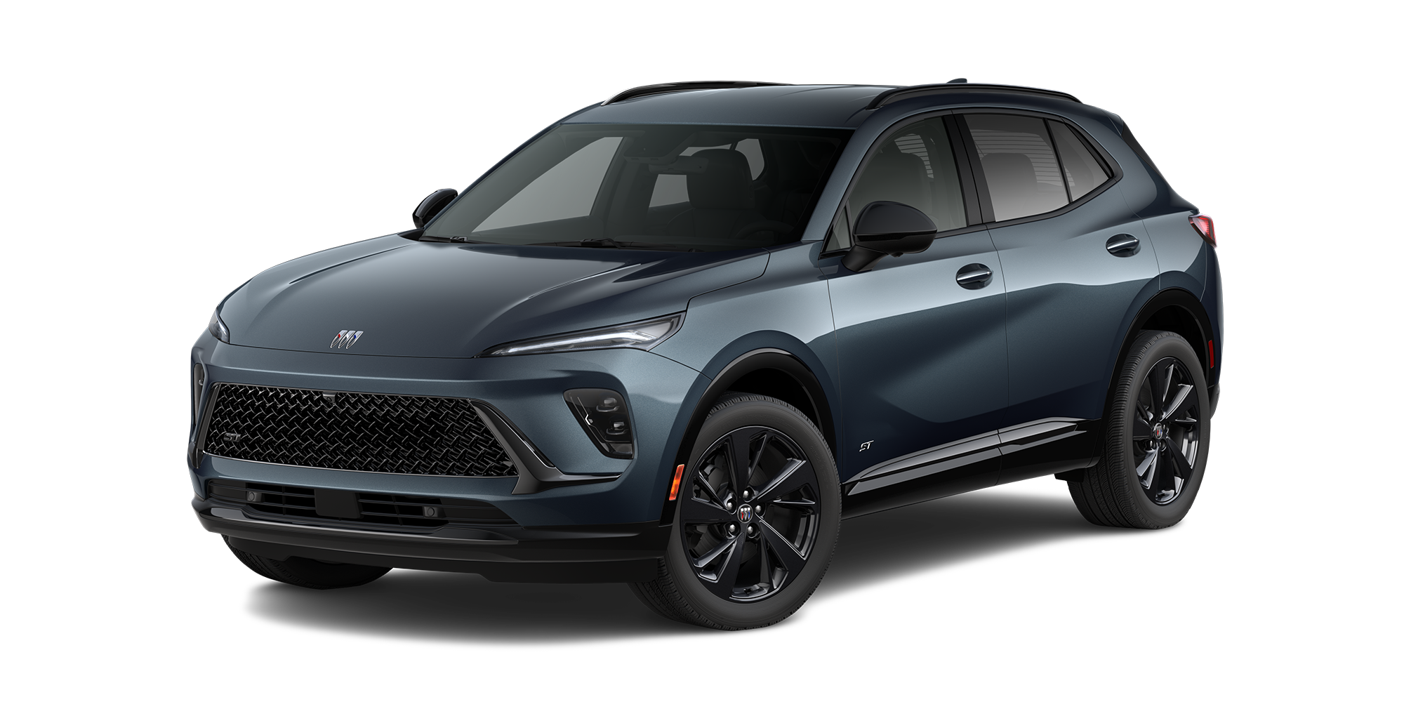 Front Three-Quarters View of the 2026 Buick Envision Sport Touring SUV in the Color Quartz Blue Metallic