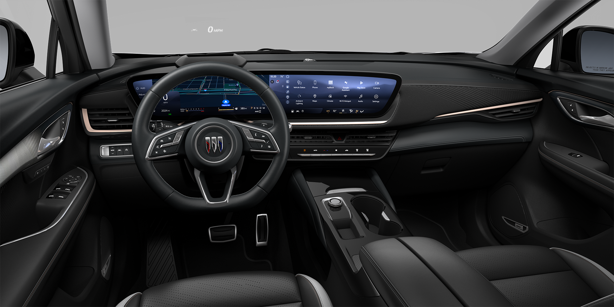 Interior View of the Front Row Seats in the 2026 Buick Envision Sport Touring SUV with Garnet Seats with Sky Cool Gray and Ebony Interior Accents