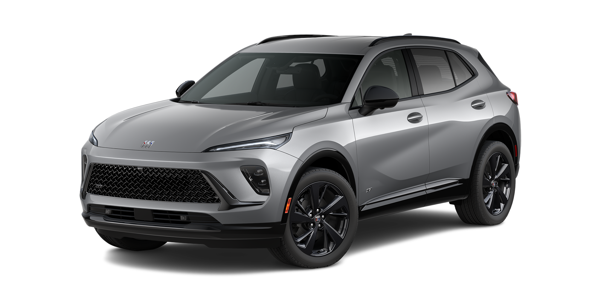 Front Three-Quarters View of the 2026 Buick Envision Sport Touring SUV in the Color Moonstone Gray Metallic