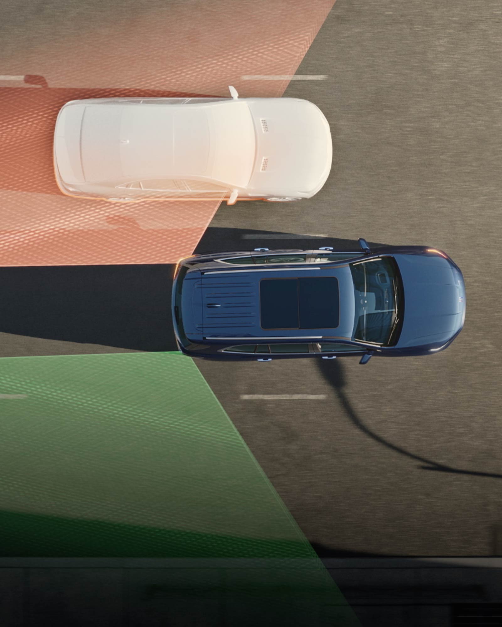 Birds-eye View of an Illustration Displaying How the Blind Zone Steering Assist Works on the Road