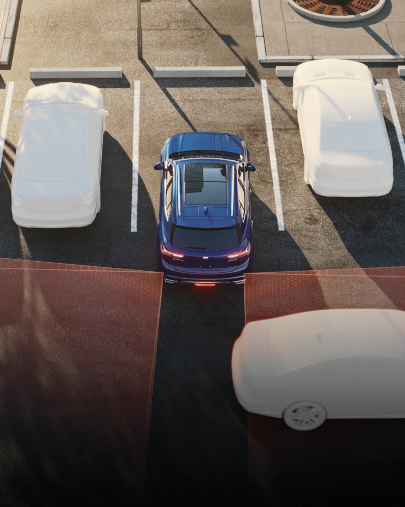 Illustration of How the Rear Cross Traffic Braking Works in a Parking Lot