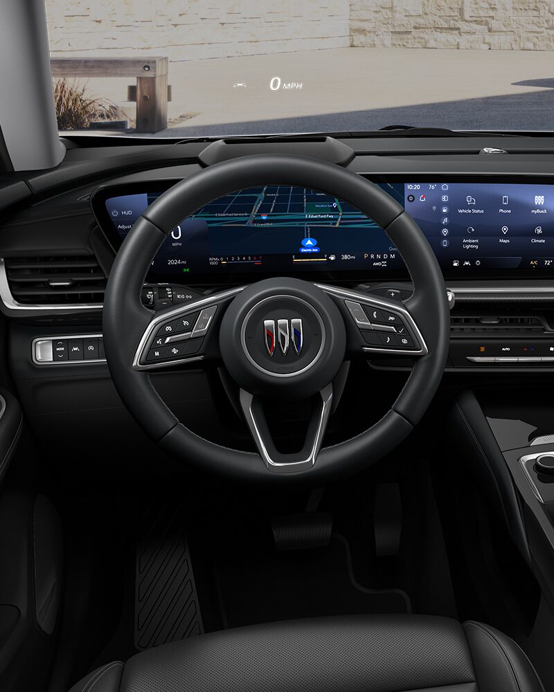 Close-up of the Buick Envision Interior Drivers Side View of the Steering Wheel and Dashboard