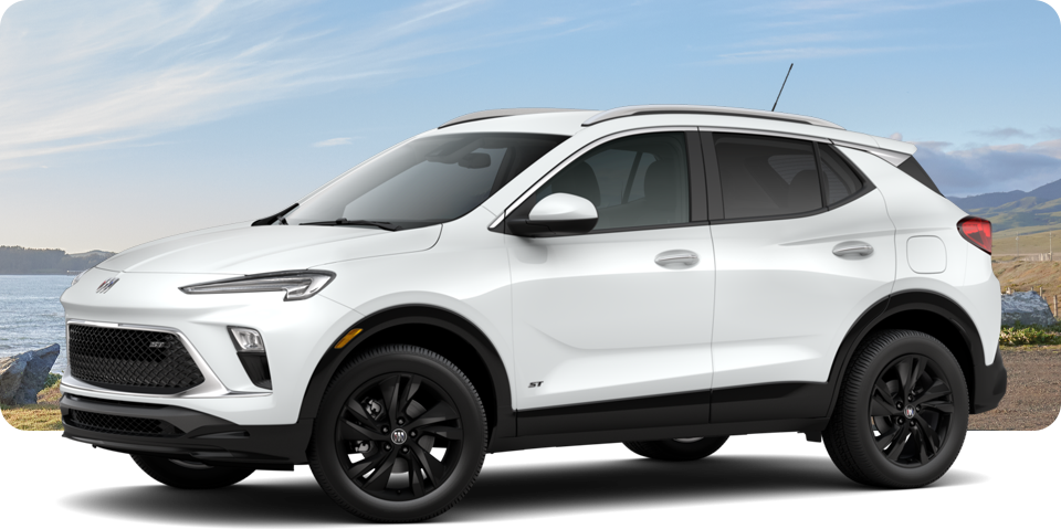 Front-Three Quarter View of a White Buick Encore GX ST Sporty SUV Parked Near a Beach